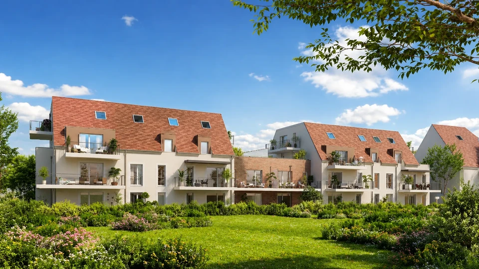 Résidence neuve de standing, vue jardin, composée de plusieurs bâtiments R+2 avec combles aménagés