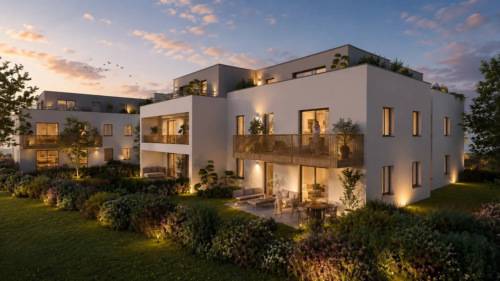Résidence moderne au crépuscule, architecture contemporaine blanche à toiture terrasse végétalisée, 3 niveaux, balcons en bois composite, baies vitrées aluminium noir