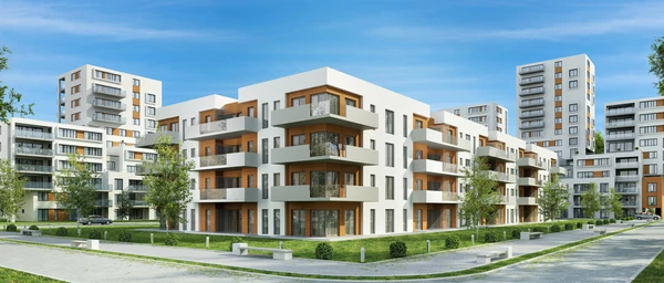 Ensemble résidentiel moderne avec immeubles de logements collectifs à architecture contemporaine