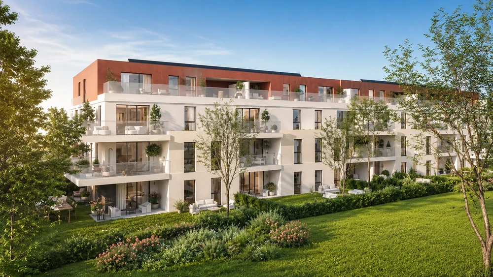 Résidence neuve de 4 étages, façade enduit blanc et attique en brique rouge, grandes baies vitrées aluminium noir, balcons filants avec garde-corps verre