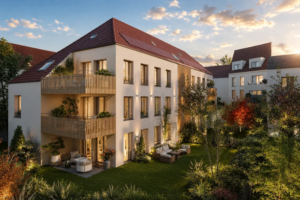 Résidence moderne de standing, vue extérieure au crépuscule, façade blanche avec balcons en bois lamellé, toiture à pignon en tuiles rouge bordeaux avec panneaux solaires
