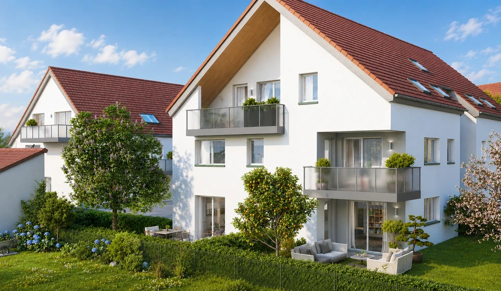 Ensemble résidentiel neuf, vue extérieure de jardin