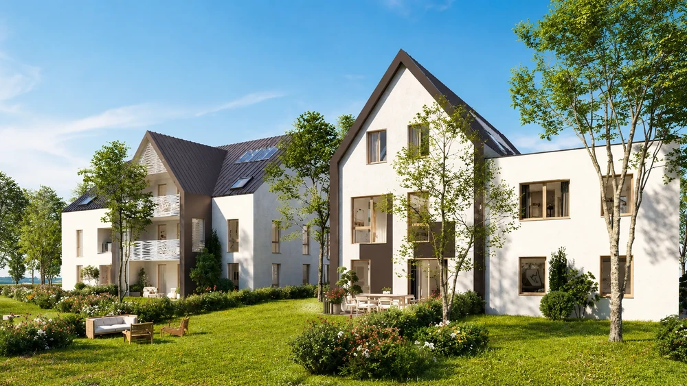 Résidence neuve de standing, extérieur, vue jardin