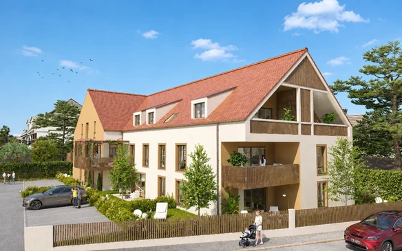 Perspective extérieure d'une villa contemporaine à deux niveaux avec terrasse, intégrée dans un paysage arboré