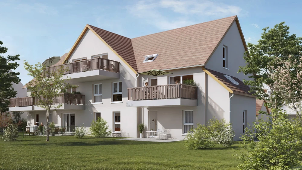 Résidence neuve de 4 étages, façade enduit blanc et attique en brique rouge, grandes baies vitrées aluminium noir, balcons filants avec garde-corps verre