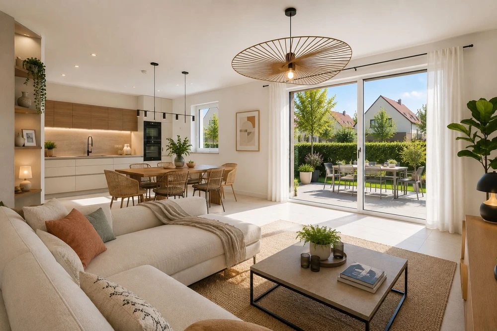 Résidence moderne de standing, vue extérieure au crépuscule, façade blanche avec balcons en bois lamellé, toiture à pignon en tuiles rouge bordeaux avec panneaux solaires