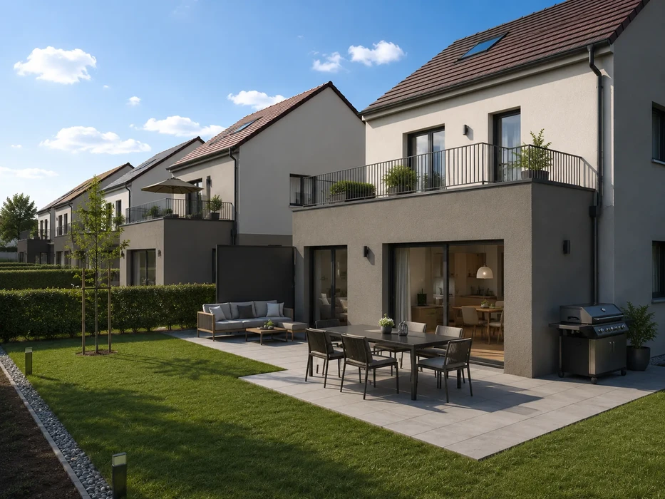 Résidence neuve de standing, extérieur, vue jardin