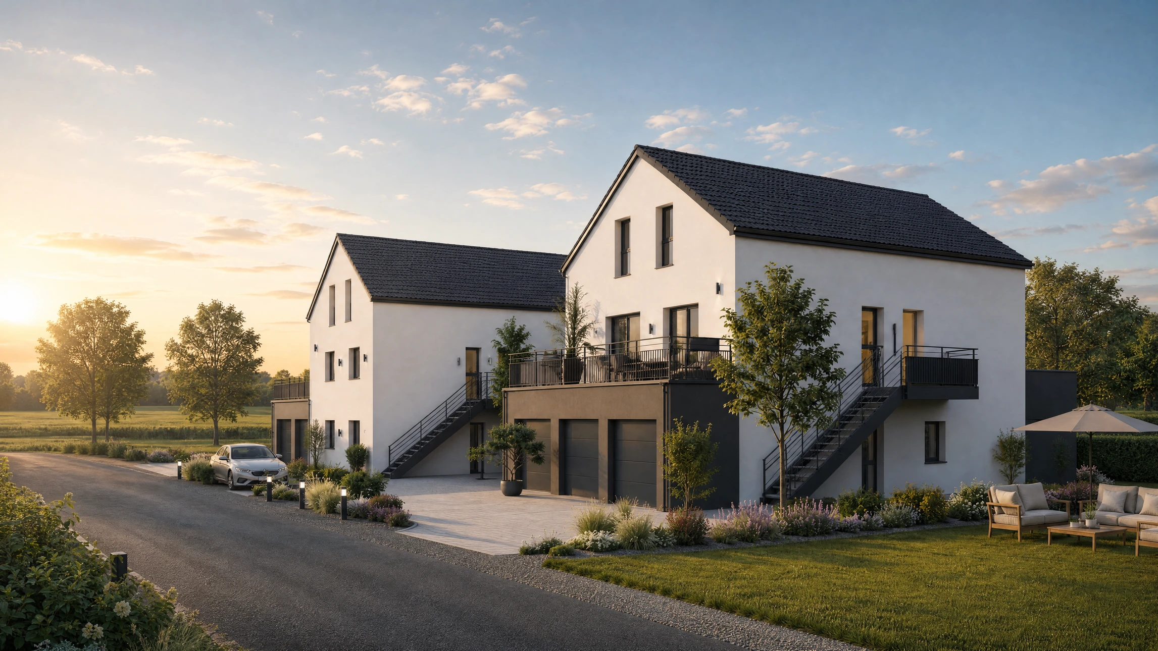 Maison individuelle moderne avec garage attenant sur terrain paysagé