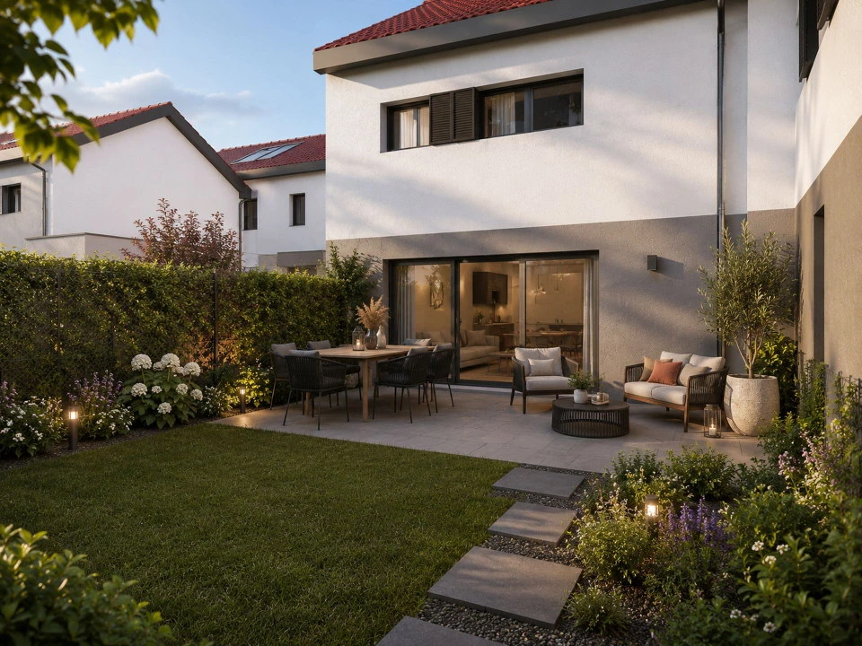 Résidence neuve de 4 étages, façade enduit blanc et attique en brique rouge, grandes baies vitrées aluminium noir, balcons filants avec garde-corps verre