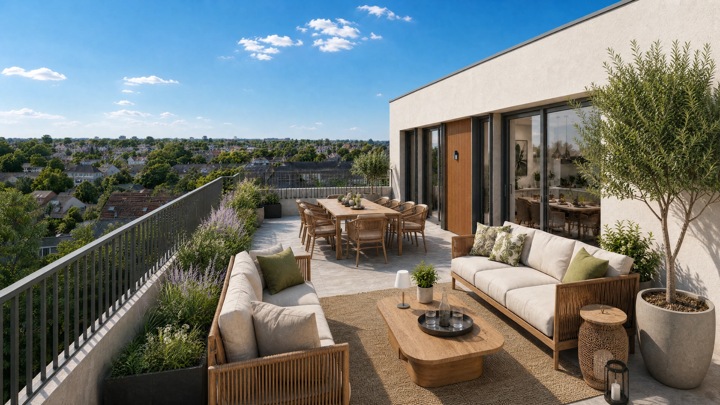 Terrasse extérieure aménagée avec salon de jardin en bois teck comprenant canapé deux places, deux fauteuils assortis avec coussins beiges, table basse carrée massive